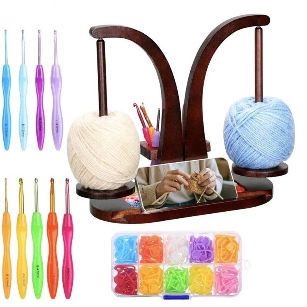 Yinkin Wooden Yarn Holder with 2 Spindles, Magnetic Rotating for Crocheting New